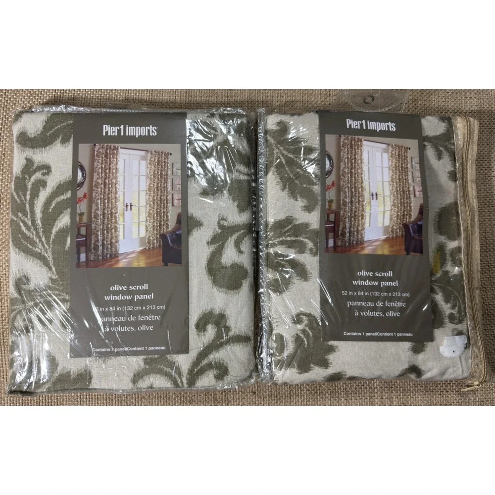 Pier 1 Olive Scroll Curtain Set Panel Curtain Linen Blend 52x84 Ikat Floral Boho